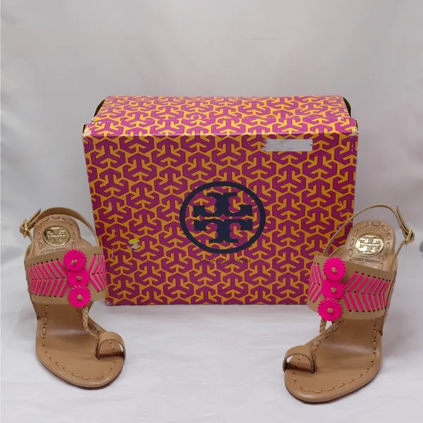 Tory Burch Womens High Heel Sandals Size 7.5 Tan Pink Leather Party Night Out - Image 2