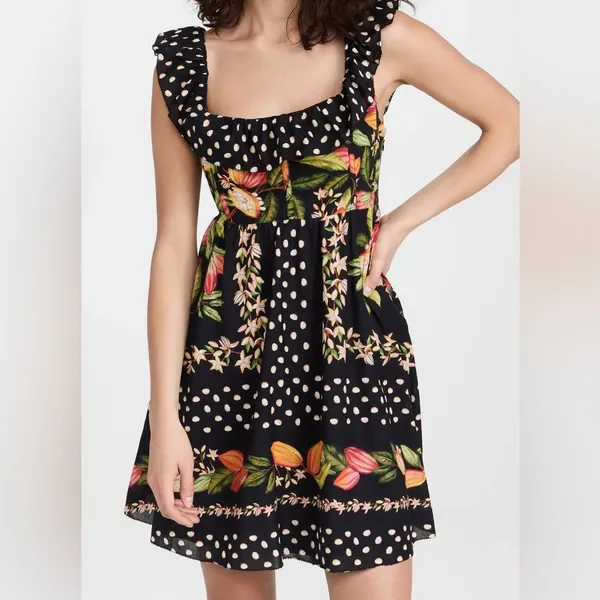 Farm Rio Tropical Floral Polka Dot Mini Dress S | Ruffle Strap Summer Vacation - Image 2