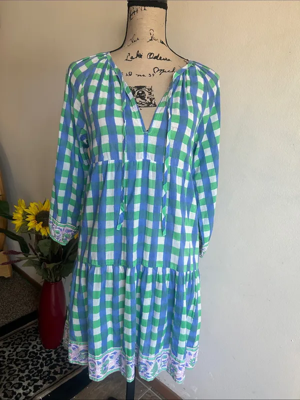 SZ Blockprints Priya Gingham Tiered Blue Green White Dress Size Small - Image 3