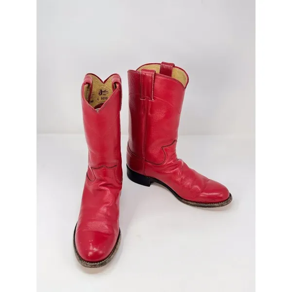 Justin Womens Western Boots Red Leather Mid Calf Pull On Cowgirl Roper US 5.5 B - Image 2