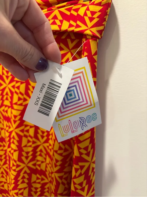 LuLaRoe Red & Mustard Geometric Print Maxi Skirt XXS Fold Over Waist NWT Boho - Image 4