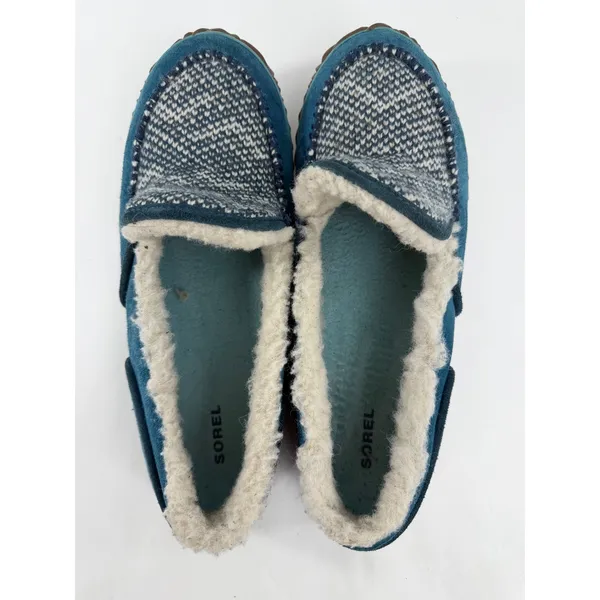 Sorel Tremblant Moc Blue Suede Knit Faux Fur Slippers Womens 11 NL2121-462 - Image 6