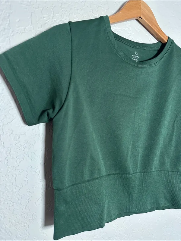 NEW offline aerie Forest Green Short Sleeve Crop Top Casual Athleisure Size XL - Image 2