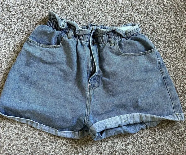 Plaid & Plain Elastic Waist High Rise Denim Jean Retro Rolled Shorts Medium - Image 2