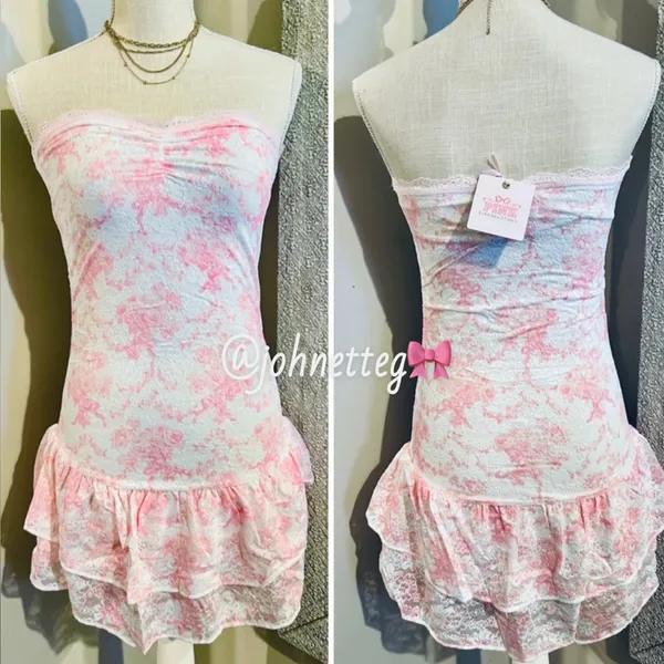 🎀PINK x LoveShackFancy Strapless Lace Mini Dress Ruffles Charlamagne Harbor Pink - Image 5