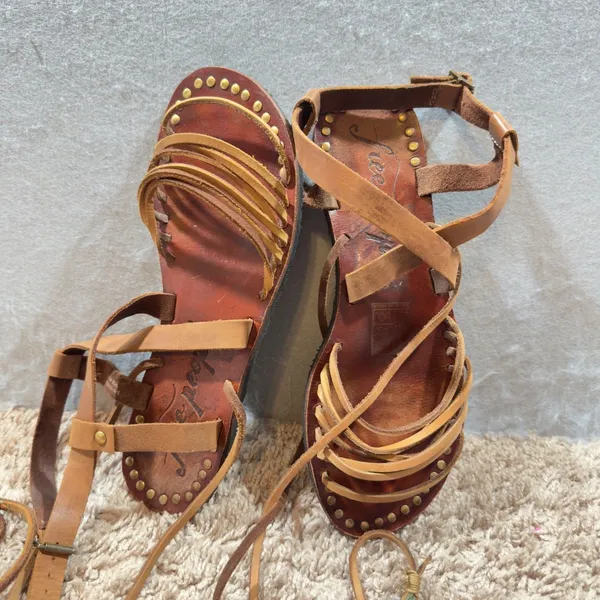 933|Free People Studded Boho Hippie Leather Gladiator Sandals Brown Women 37 6.5 - Image 5