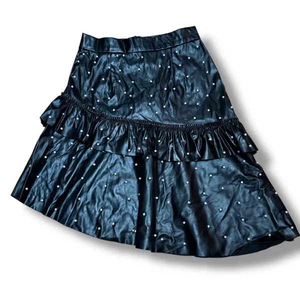 Faux leather pearl detail asymmetrical ruffle skirt - Image 3