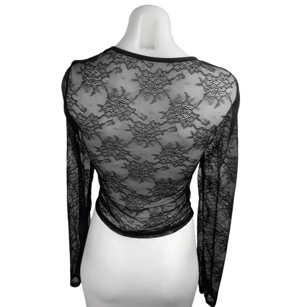 Women's Black Floral Lace Long Sleeve Sheer See Trough Crop BlouseTop Size S - Image 2