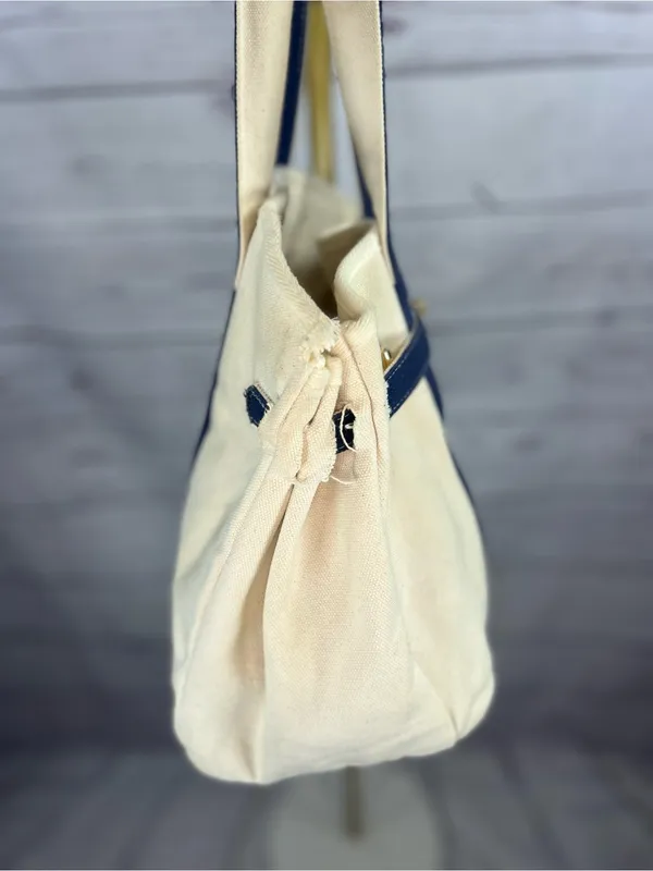 Designer Inspired Ivory & Navy Canvas Satchel Tote Bag Gold Hardware - Image 4