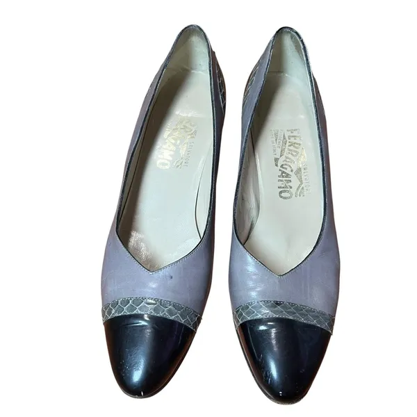 Salvatore Ferragamo Heels Womens Sz 8.5 NN Gray Leather Cap Toe Block Heel Italy - Image 3