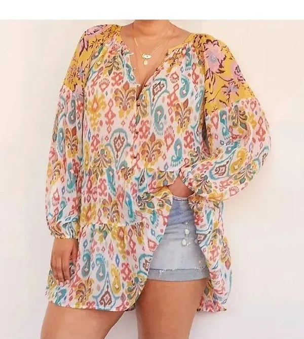 Anthropologie Maureen Babydoll Tunic Blouse Sheer Multicolor Floral Paisley M - Image 4