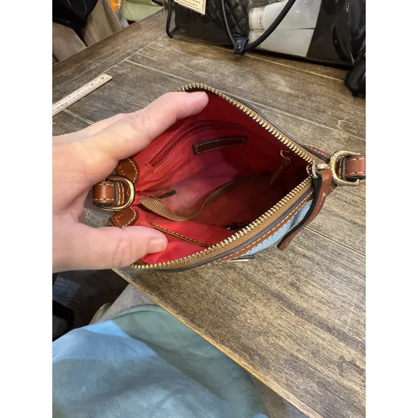 light blue Dooney & Bourke Pebble Grain Mini Domed Crossbody Brown Leather Trim - Image 8
