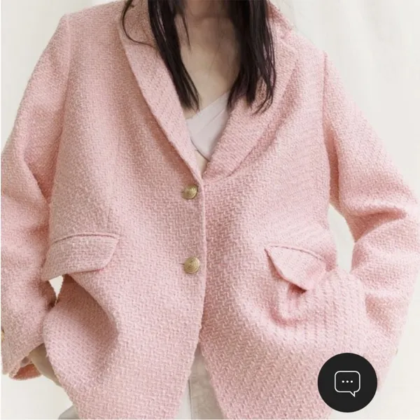 H&M Pink Textured Tweed Blazer Jacket Gold Buttons Oversized Women Medium - Image 8
