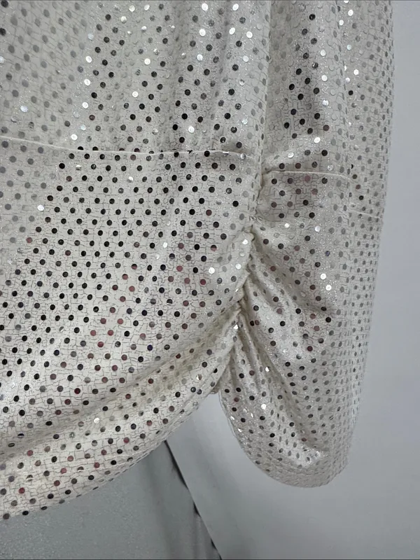 Lipstick Silver Sequin White Sleeveless banded Top ring detail L draped neck Y2K - Image 5