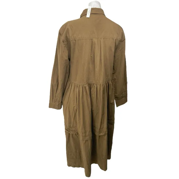 NEW Madewell Brown Pleated Long Sleeve Tiered A Line Midi Shirt Dress Size L - Image 2
