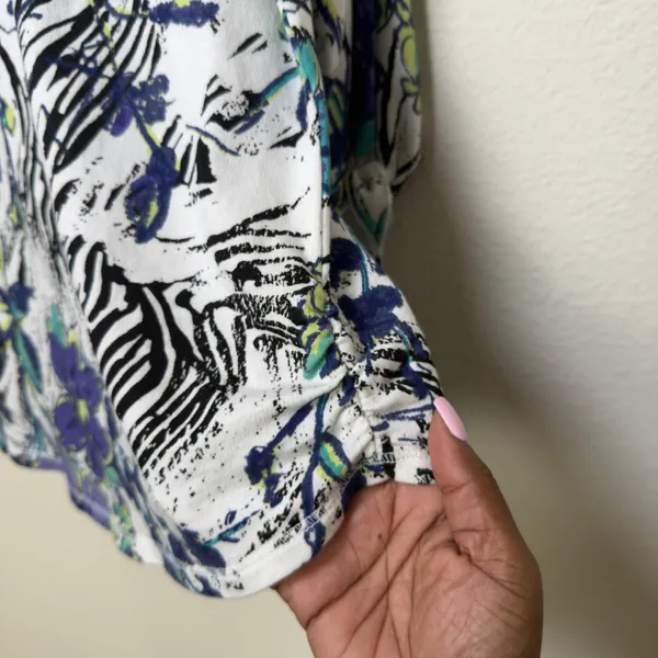 Hot Cotton Women Floral Zebra Print 3/4 Sleeve‎ Top White Purple Large Artsy - Image 9