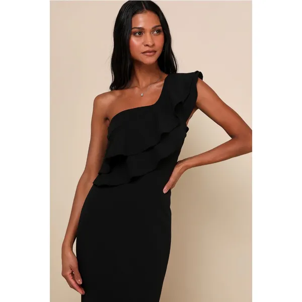 Lulus Ruffle Some Feathers Black One-Shoulder Mermaid Maxi Dress Size S - Image 3