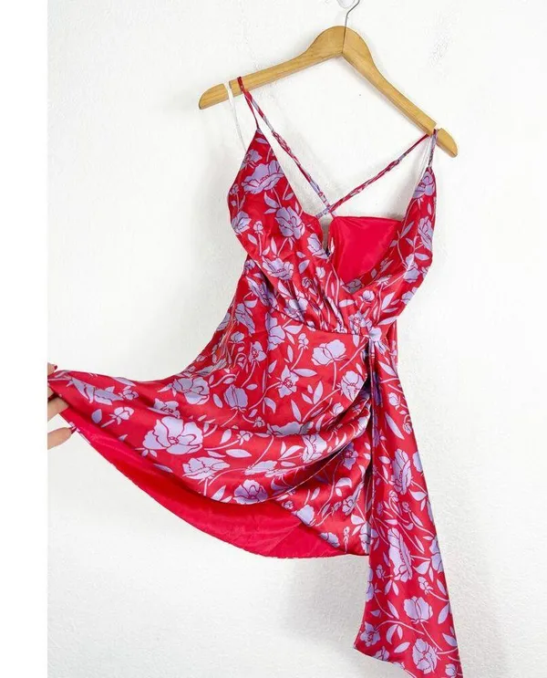 Revolve Lovers + Friends Kamala Mini Dress Medium Red Purple Floral Satin Draped - Image 10