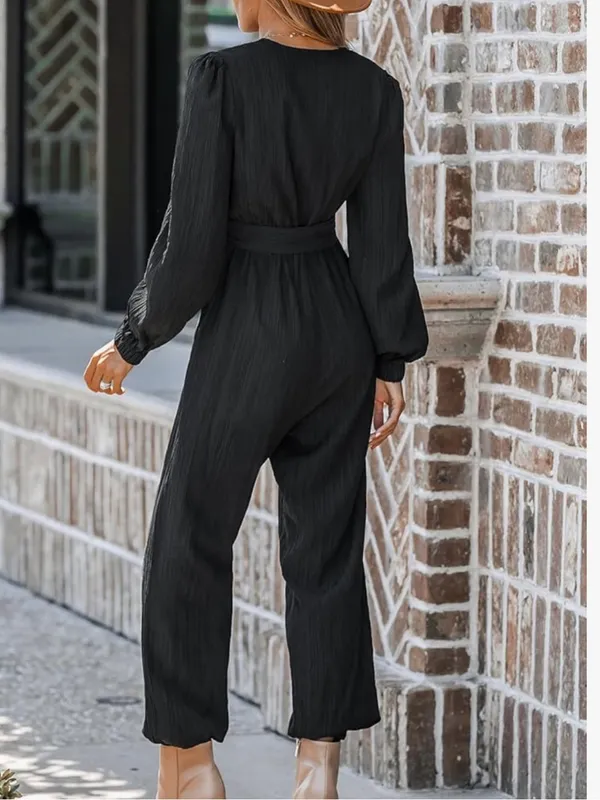 Cupshe Black Pleated Long Sleeve Belted Surplice Jogger Jumpsuit Size XL - Image 2