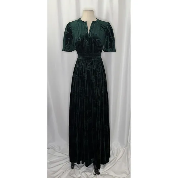 BALTIC BORN Green Velvet Artemis Maxi Dress Tonal Floral Smocked Flutter Small - Image 2