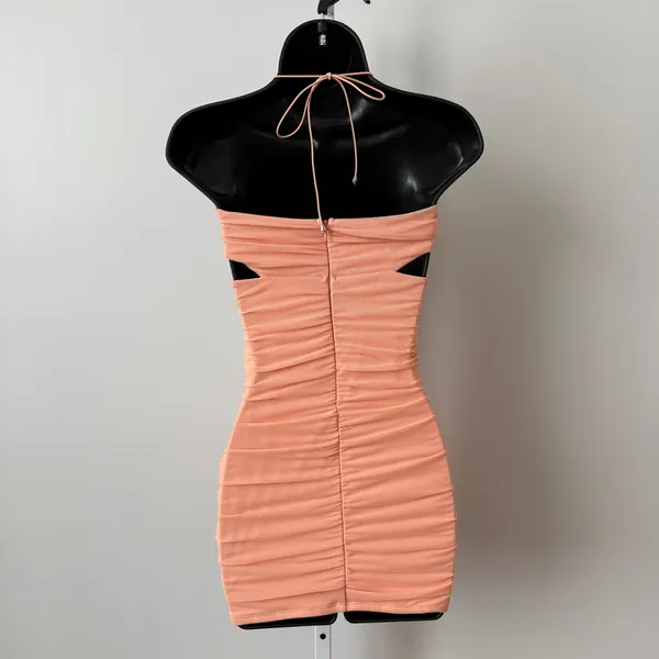 Oh Polly sz 4 Peach‎ Ruched Halter Cutout Mesh Bodycon Mini Dress Party - Image 4