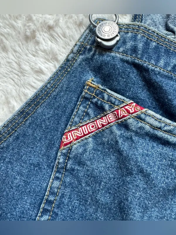 VTG 90s Y2K Union Bay Denim Overall Shorts Shortalls S Blue Jean Americana USA - Image 4