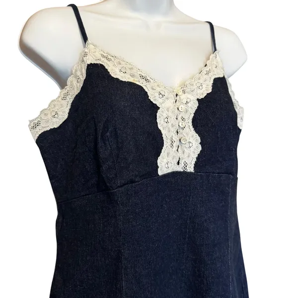 Fashion Bug Vintage Denim Lace Trim Slip Mini Dress M Babydoll Y2K 90s Coquette Ruffle‎ Fem - Image 2