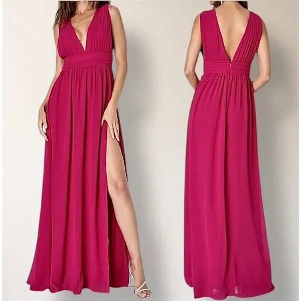 Lulus Heavenly Hues M Magenta Maxi Dress‎ Deep V Side Slit Formal Homecoming - Image 2