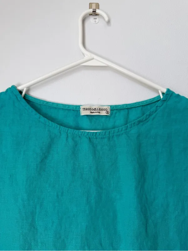 TERZO Millennio Short Sleeve Linen Top Crochet Trim Made In Italy Size Small - Image 5