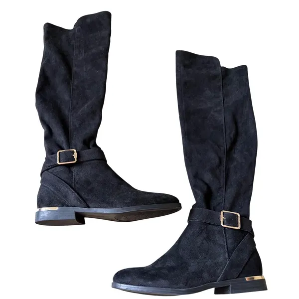 Nine West Black Suede Tall Knee High Buckle Boots Gold Trim Womens Size 8M - Image 4