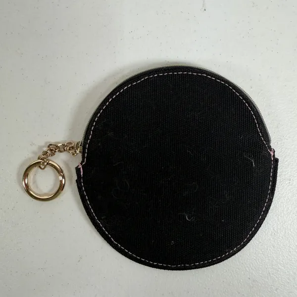 Victoria's Secret Coin Purse Keychain Black Canvas Pink Heart Zip Pouch Round - Image 4