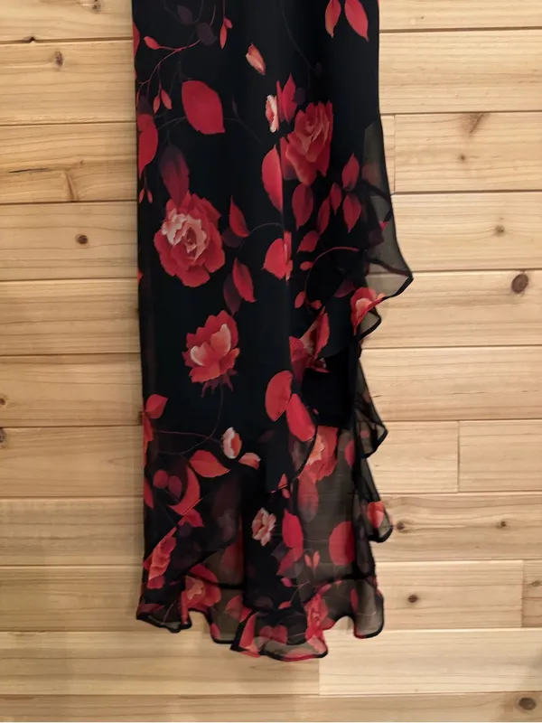 Vintage Y2K Small Black Red Floral Rose Ruffle Maxi Dress Salsa Whimsigoth Party - Image 6