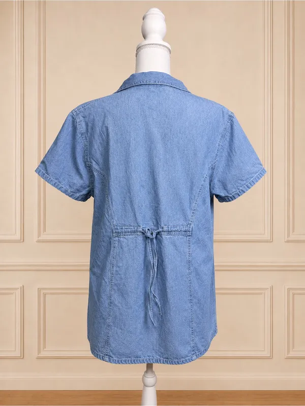 Vntg 1980s Oh! Mamma Maternity Denim Tunic Shirt L Floral Embroidered Maternity - Image 3