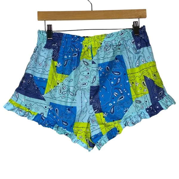 Aerie Bandana Patchwork Ruffle Hem Pajama Shorts Blue Green Boho Size M - Image 4