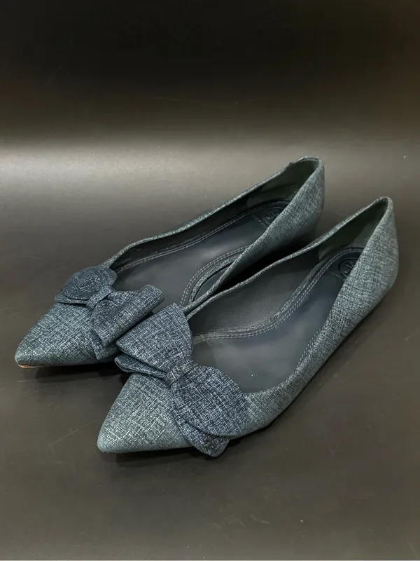 TORY BURCH Rosalind Navy Blue Denim Print Textured Suede Ballet Flats Size 8M - Image 8