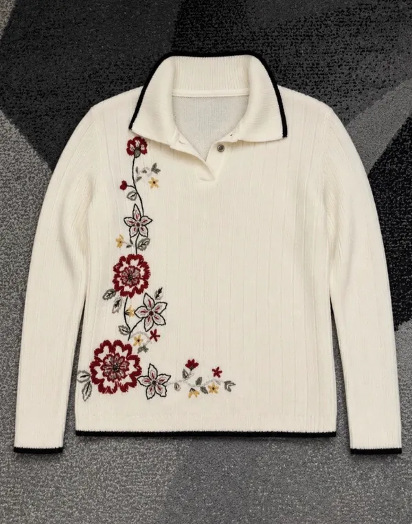 Cream Ribbed Sweater with Red Floral Embroidery - Image 2