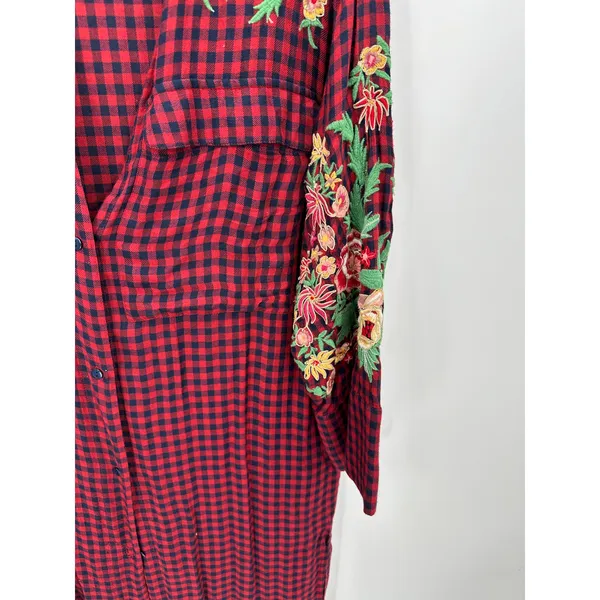 Zara Cardigan Women SMALL Red Navy Blue Plaid Button Front Maxi Dress Duster‎ - Image 4
