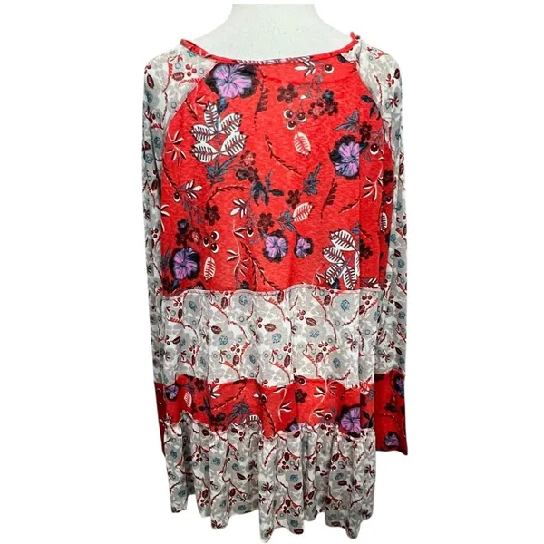 Free People Isabelle Tunic Top Womens XS Red Gray Floral Oversized Boho Feminine - Image 4