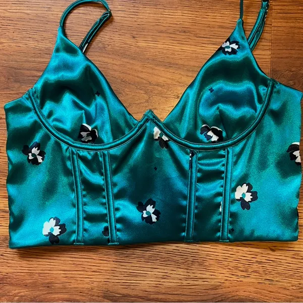 White Fox Boutique Satin Corset Crop Top Teal Floral Bustier Camisole Y2K Chic - Image 5