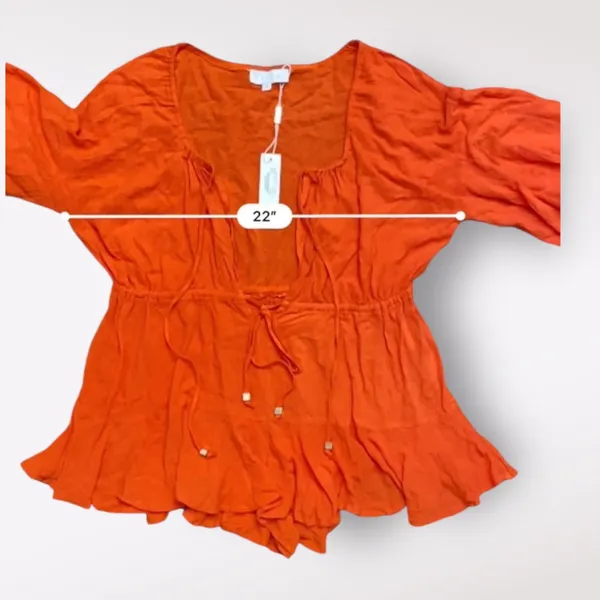 Meshki‎ Orange Skyla Playsuit Romper NWT Off Shoulder V-Neck Tasseled Size M - Image 7