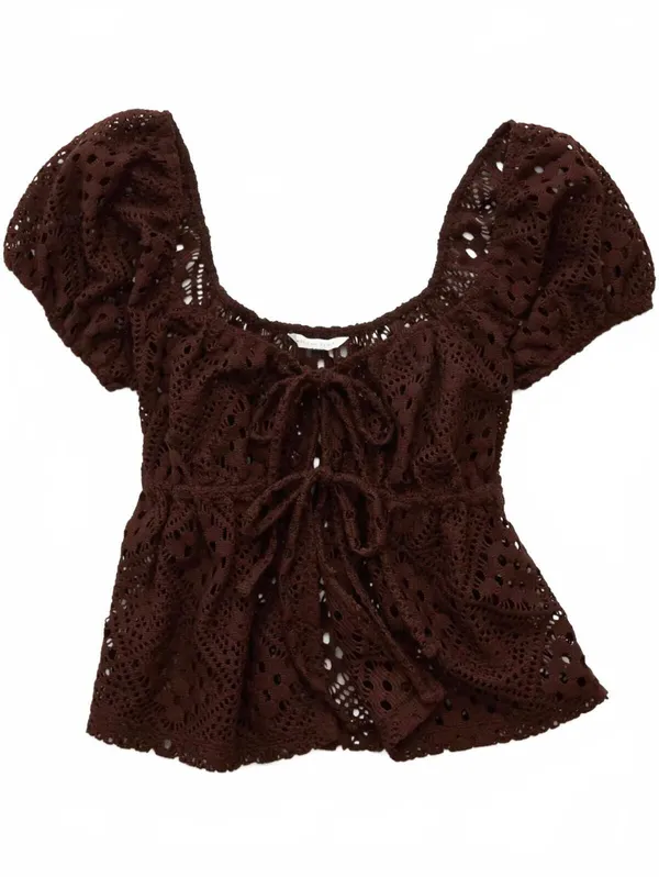 AE Lace Tie-Front Puff Sleeve Tee American Eagle NWT Chocolate Small - Image 3