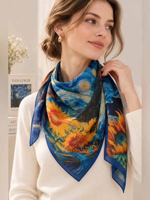 Van Gogh Inspired Starry Night Sunflower Scarf Blue Yellow Art Print Shawl - Image 7