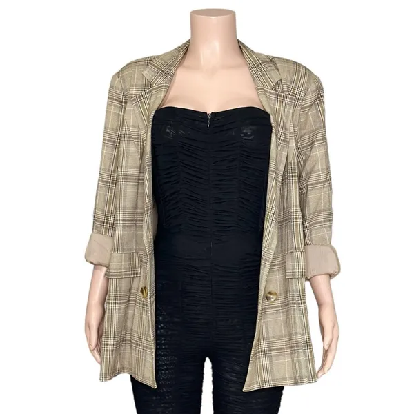 MAJORELLE Rhea Double-Breasted Blazer, Tan Plaid, XL - Image 12