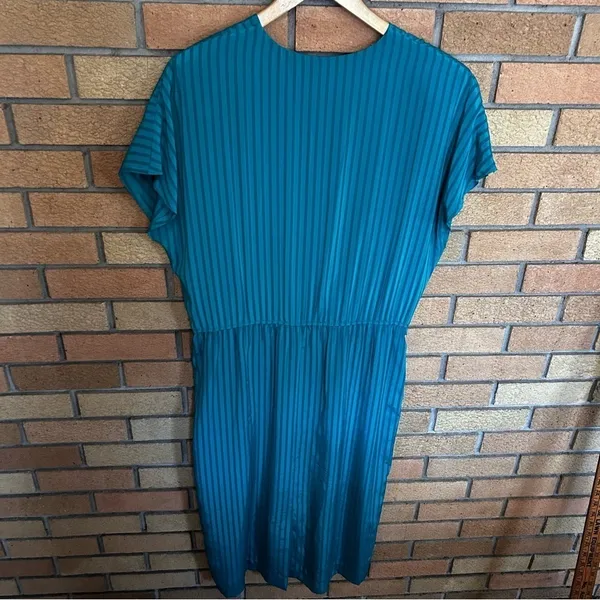 Vintage 70s/80s Leslie Fay Teal 2 Piece Midi Dress & Cover Striped Size 12 - Image 5