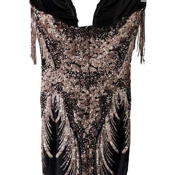 Faeriesty Sequin Mermaid Gown‎ Sz S Black Gold Strapless Evening Formal Prom - Image 6