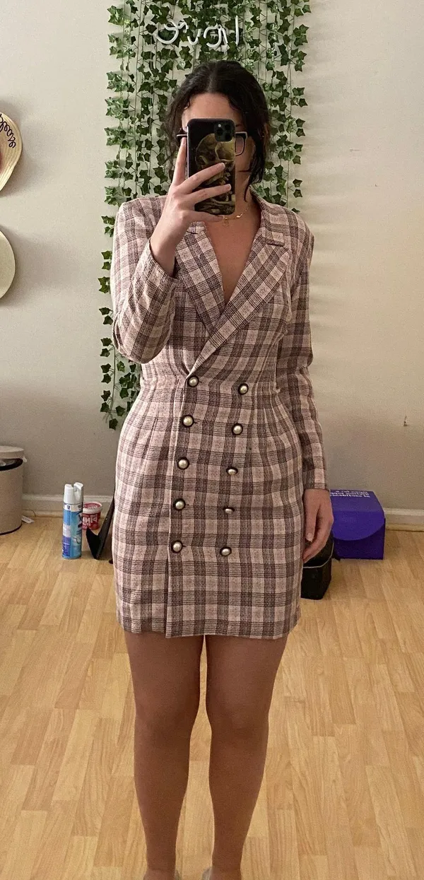 Women’s Pink Plaid Long Sleeve Collared Button Down Blazer Dress Vintage - Image 5