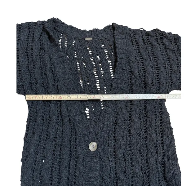 Free People Black Knit‎ Distressed Button Front Short Sleeve Cardigan Sweater - Image 4