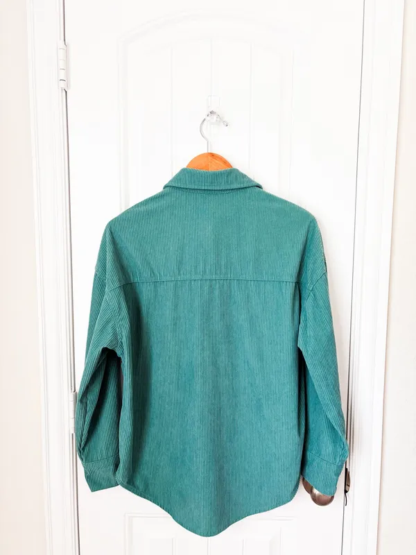 Teal Corduroy Button-Up Shirt Long Sleeve Size Small - Image 2