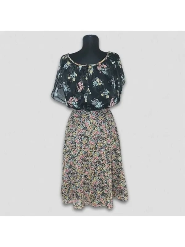 Vintage 80s Floral Full Swing Dress Black Boho Medium - Image 2