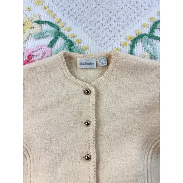 Vintage Distinction Cream 100% Wool Button‎ Front Cardigan Jacket Silver Buttons - Image 7